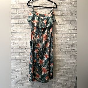 Strapless floral green/orange maxi dress
